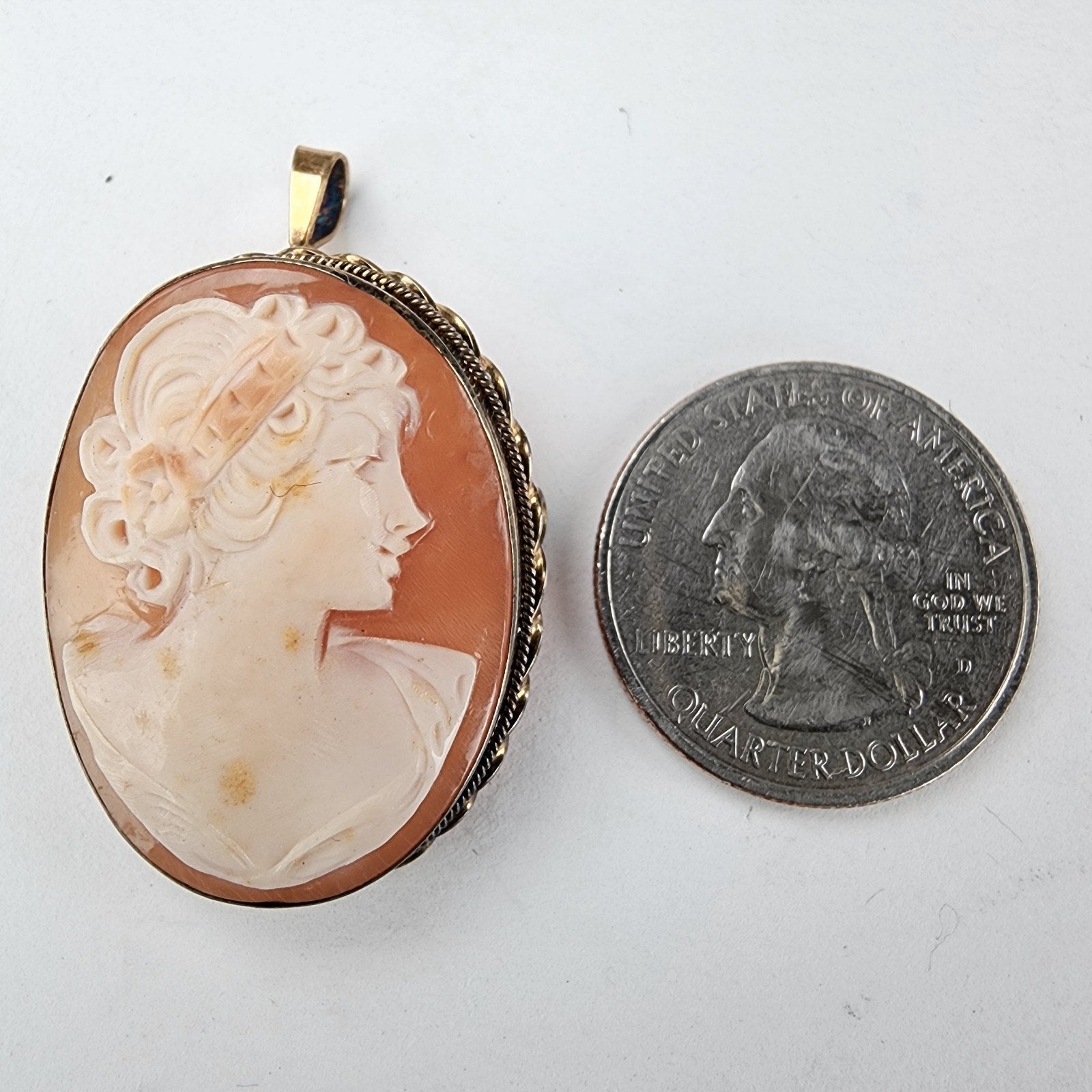 Carved Shell Cameo Pendant Brooch Sterling Silver 925 with Gold Finish