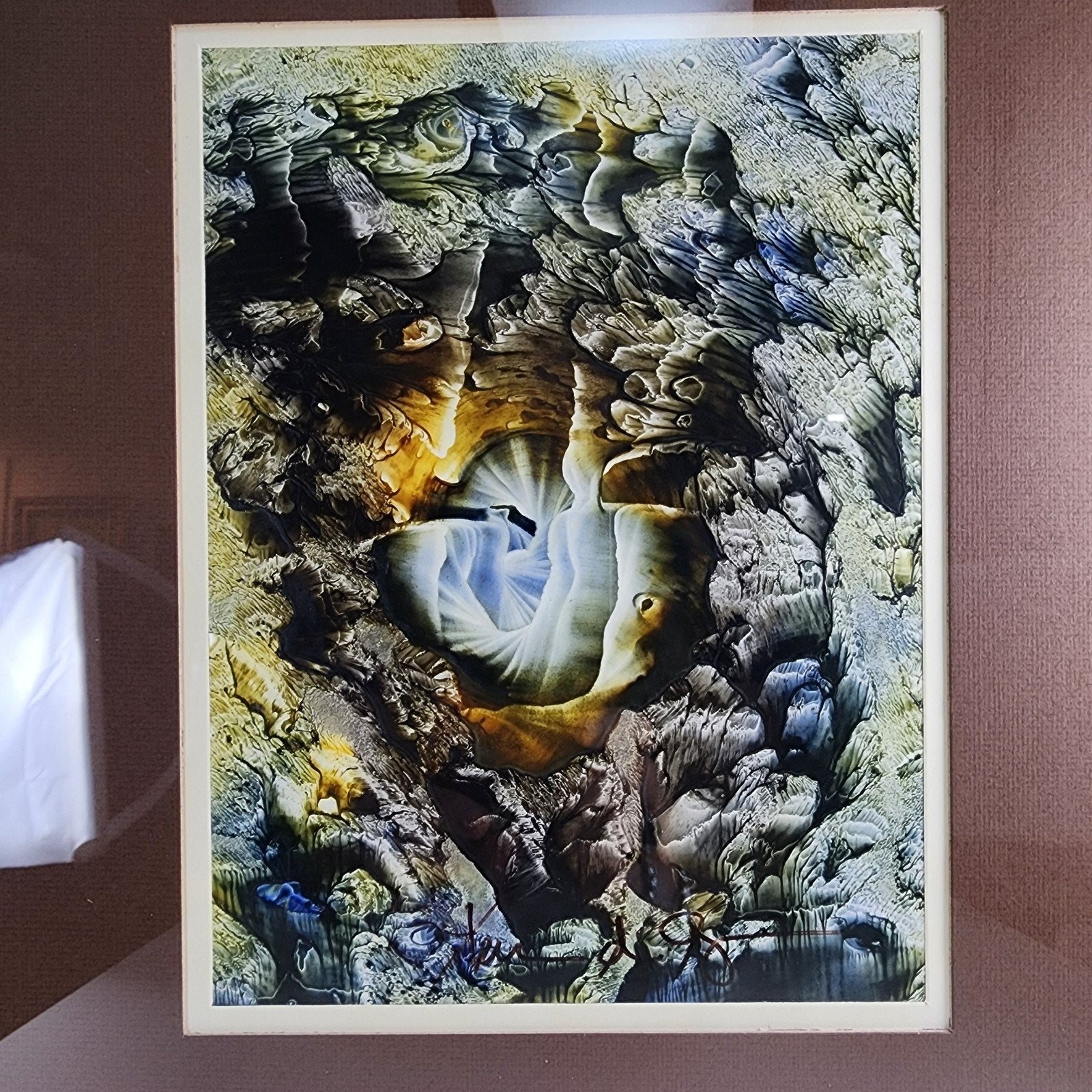 1974 Yvon D'Anjou Decalcomania Tempera Original Painting Surrealist Art MCM