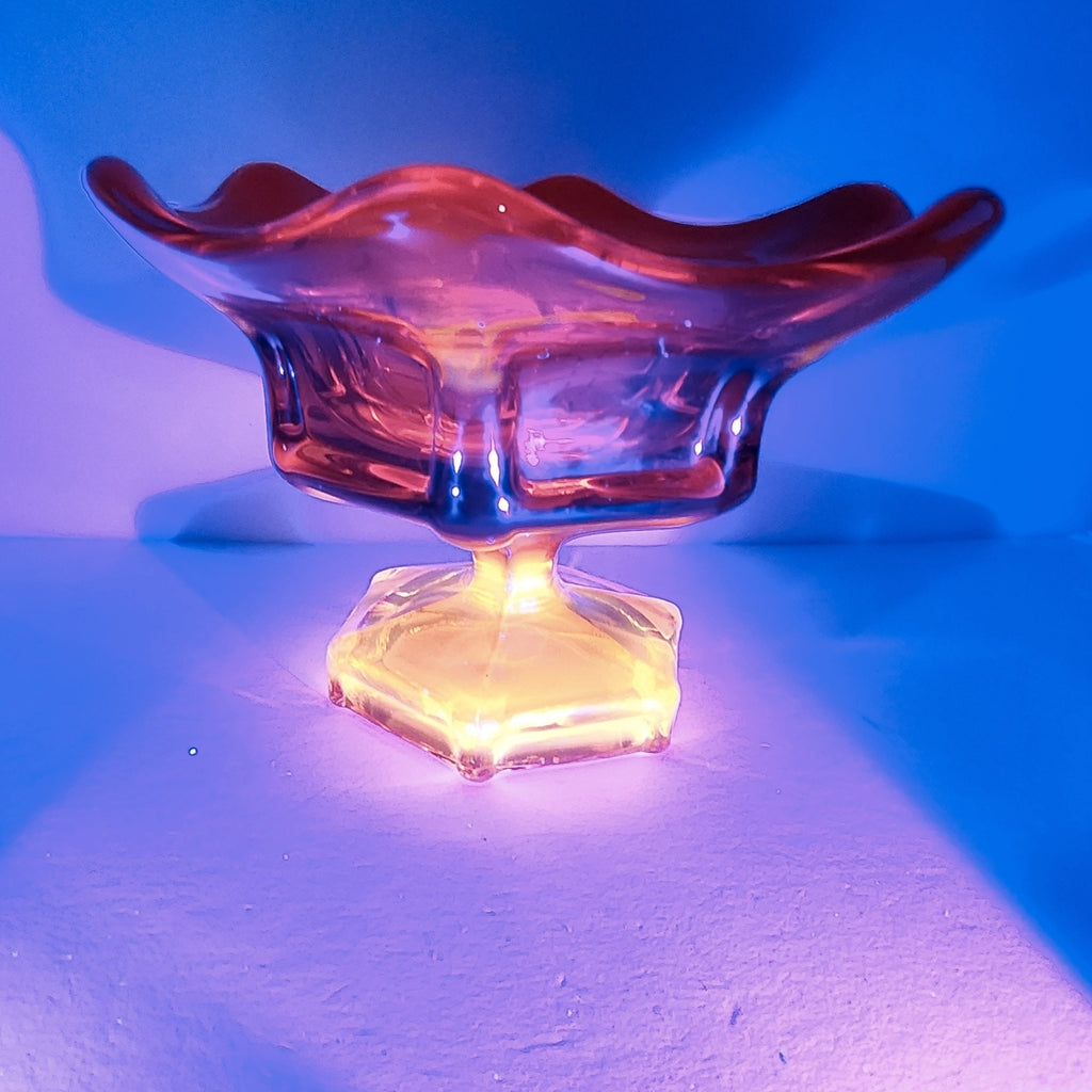 Viking Glass Epic Six Petal Amberina Flame Pedestal Bowl UV Vaseline Glass