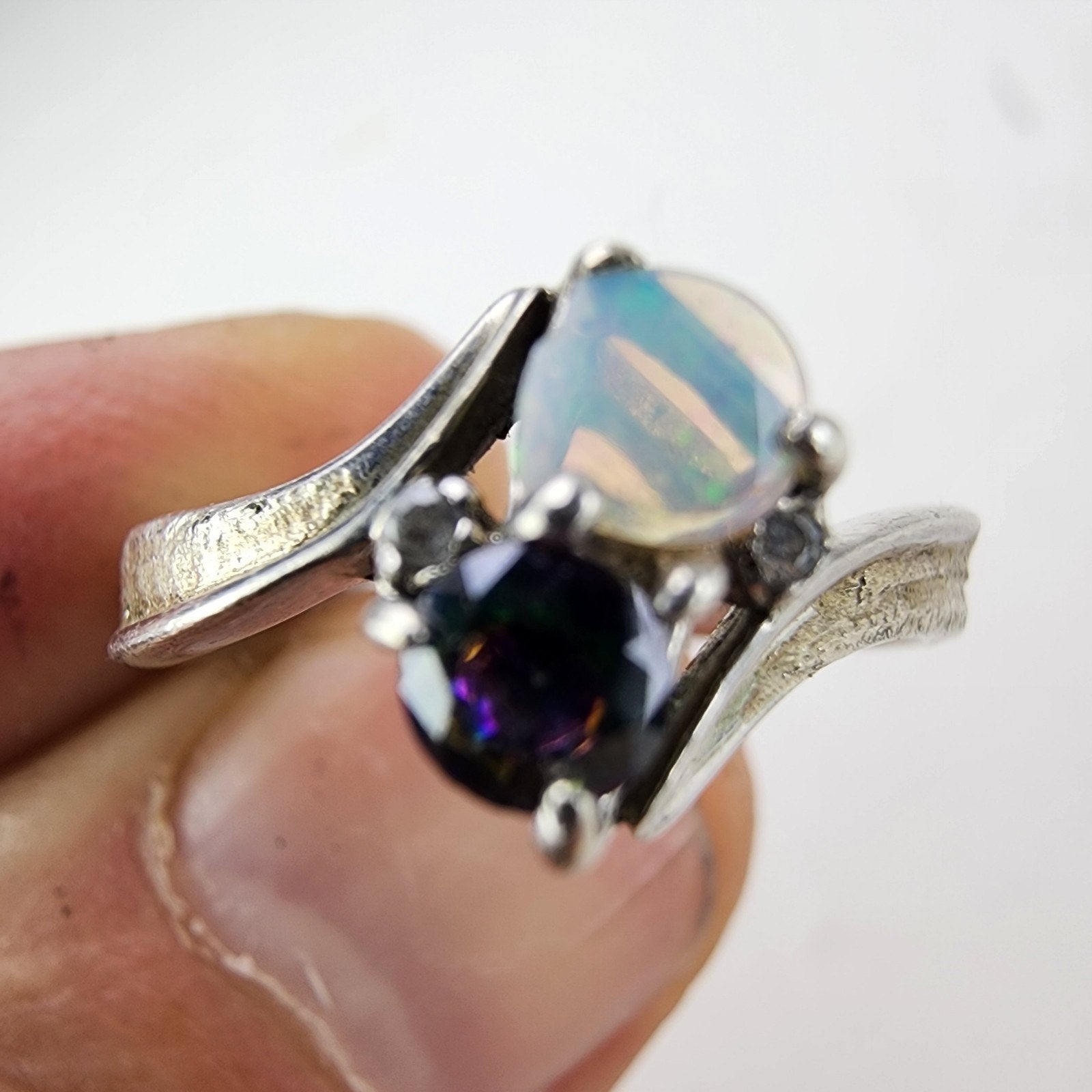 Opal & Mystic Quartz Ring Size 8 1/2 Sterling Silver 925 Vintage