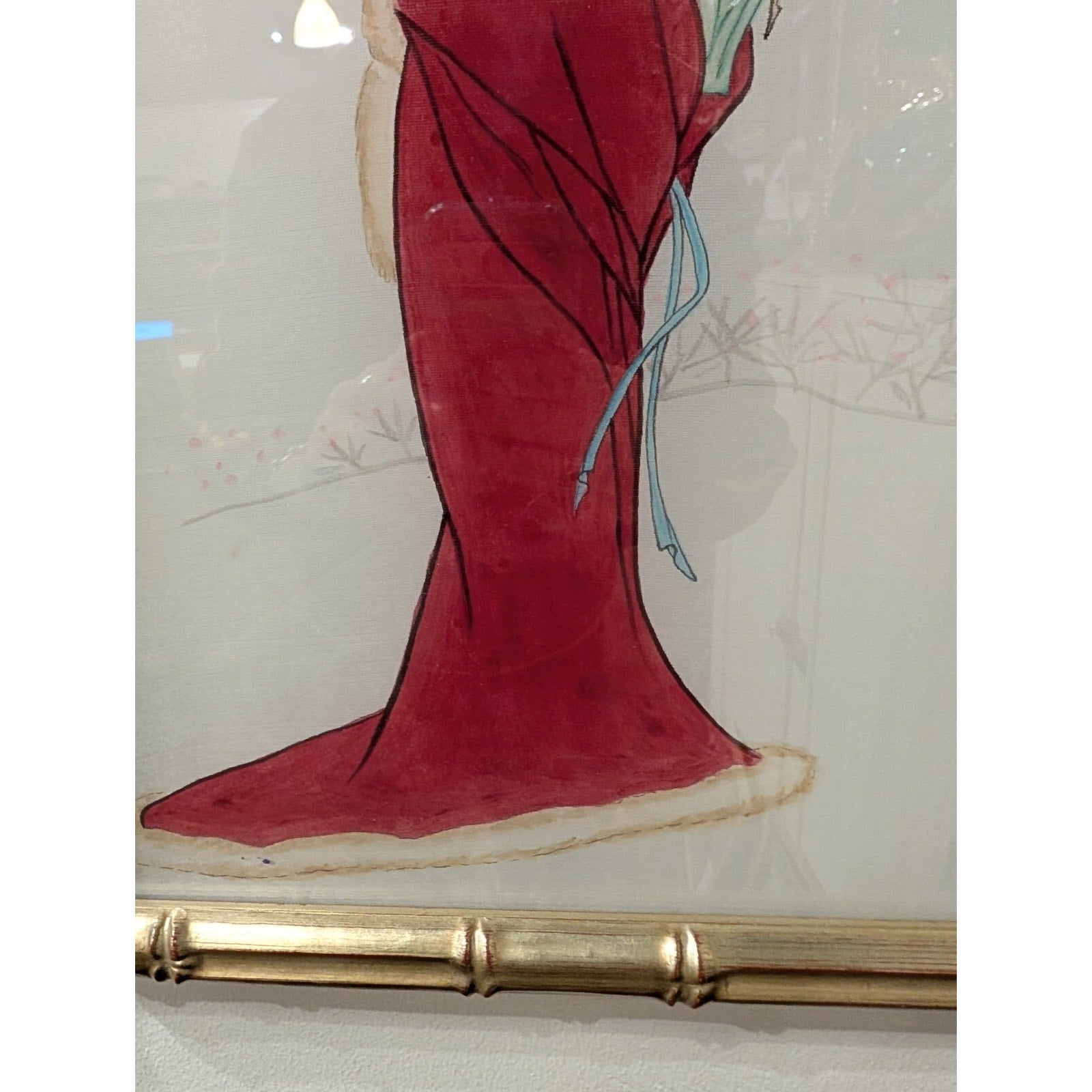 Japanese Geisha Girl Silk Painting Stamped with Gilt Bamboo Frame 20" x 15"