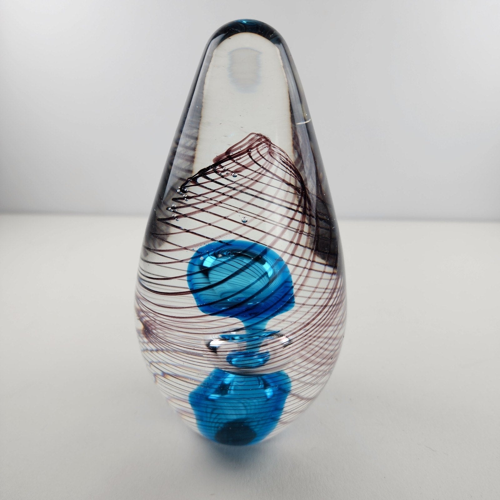 6" Hand Blown Glass Paperweight Air Trap Blue & Clear