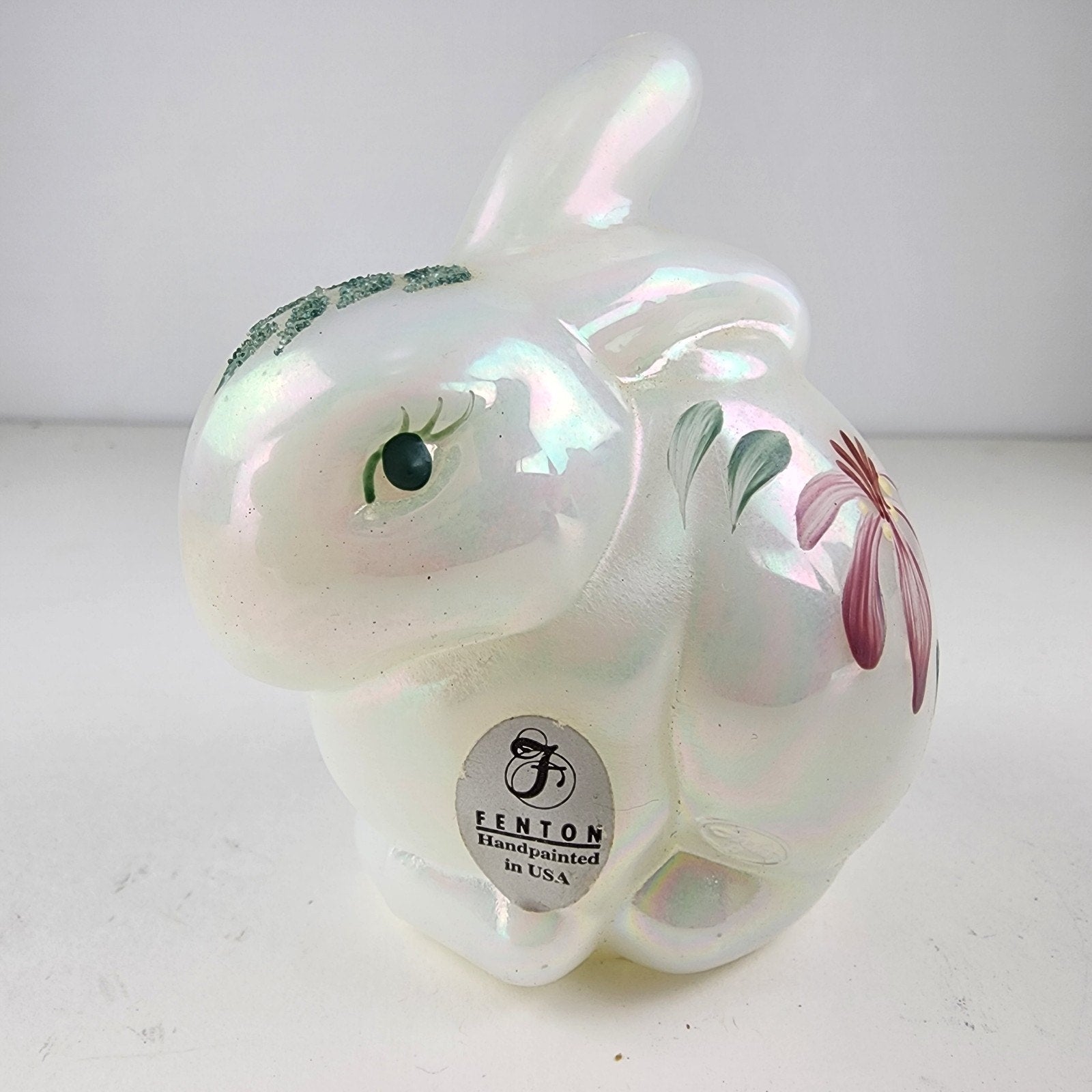 Iridescent Hand Painted Fenton Bunny Rabbit Signed Floral Decorated Art Glass
