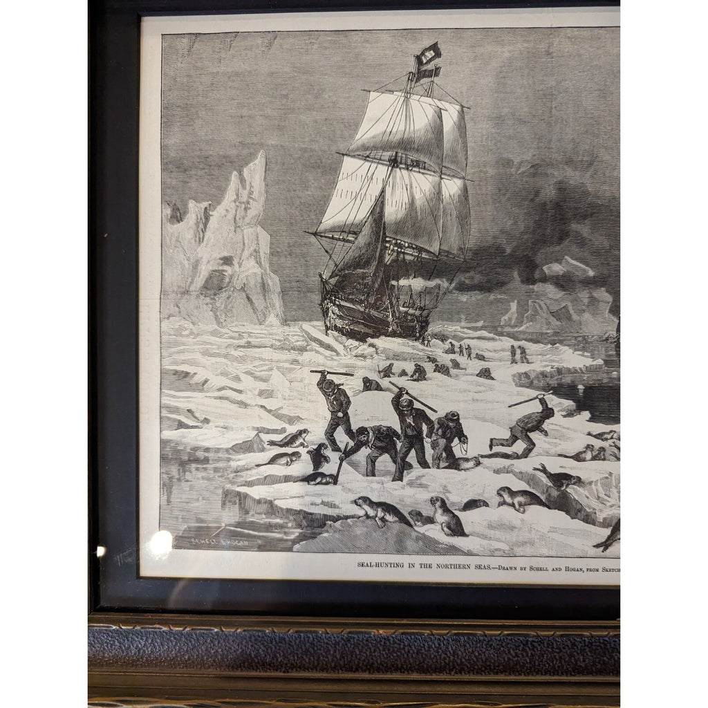 Framed 1881 Seal Hunt Print from Harpers Weekly Victorian Artwork Black & White