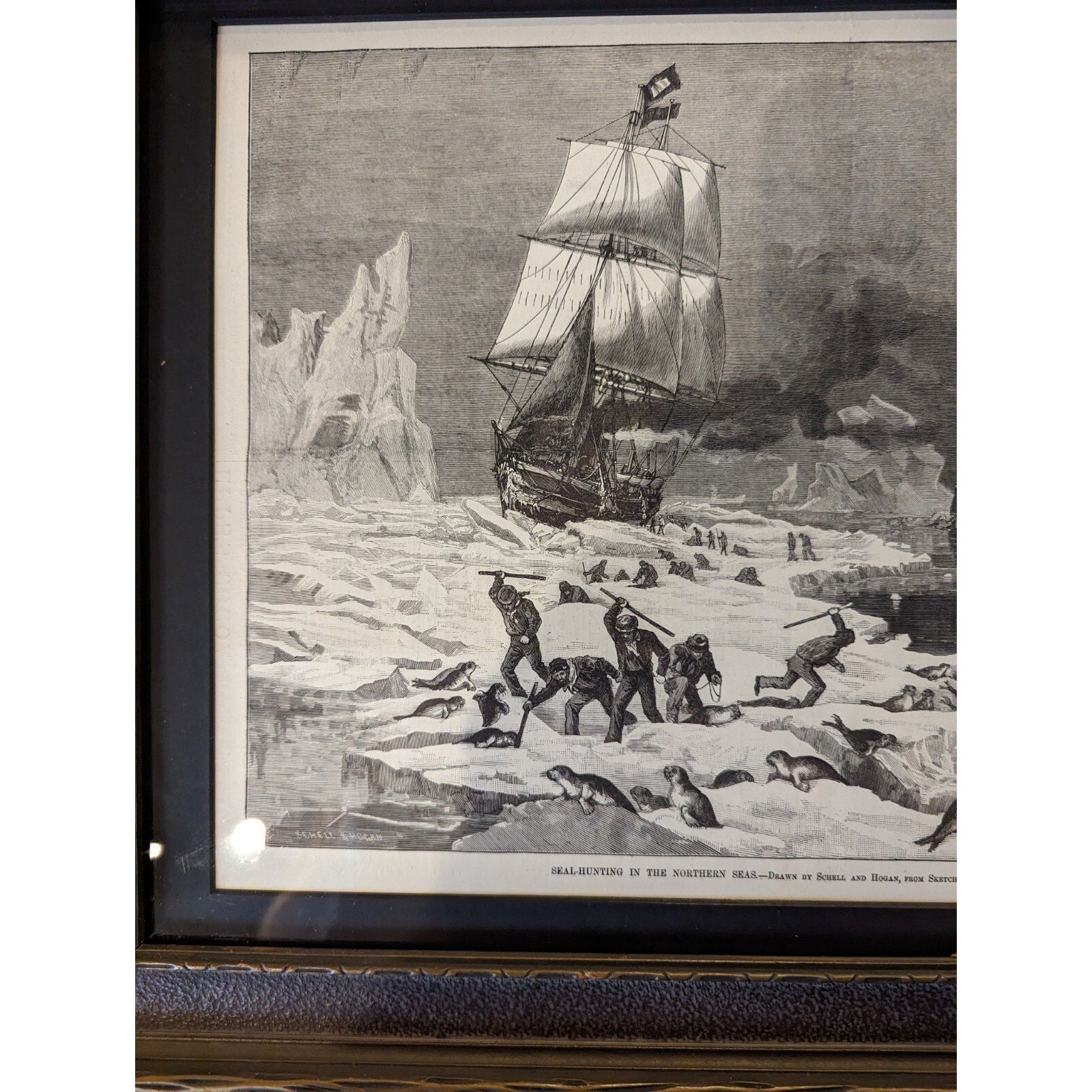 Framed 1881 Seal Hunt Print from Harpers Weekly Victorian Artwork Black & White