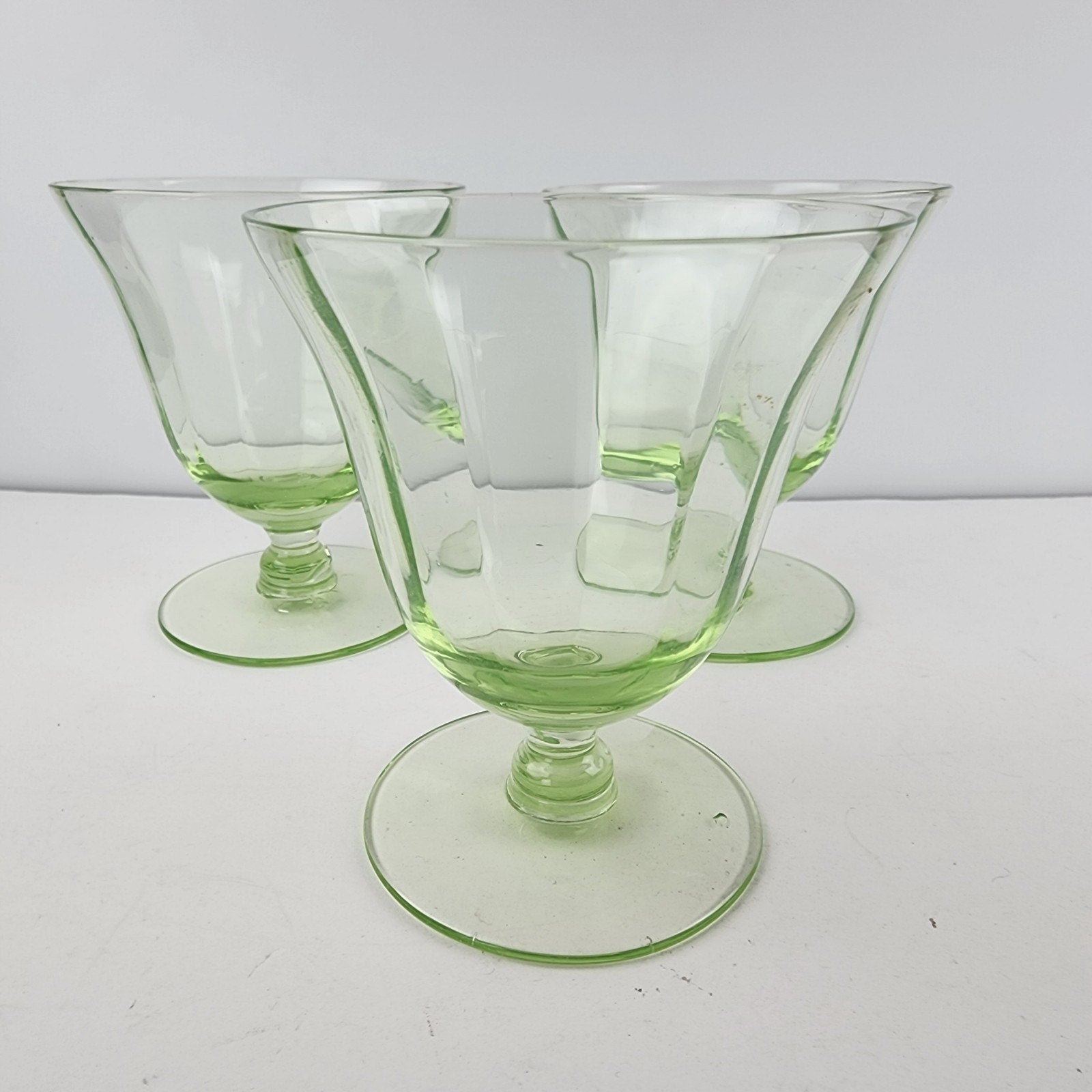UV Uranium Glow Depression Glass Footed Desert Cups 4 Oz Set of Three