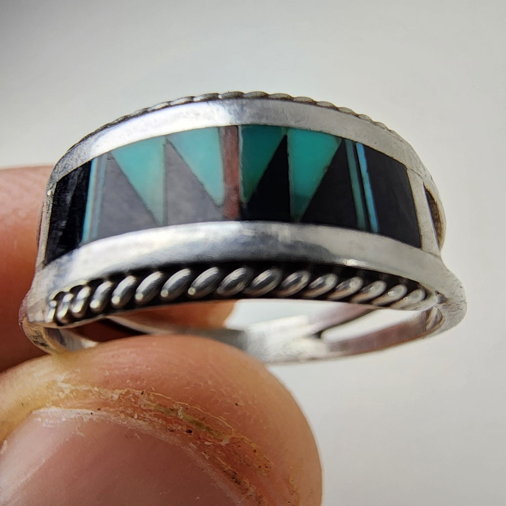 Zuni Turquoise & Onyx Inlay Old Pawn Ring Size 8 3/4 Sterling Silver 925 Vintage