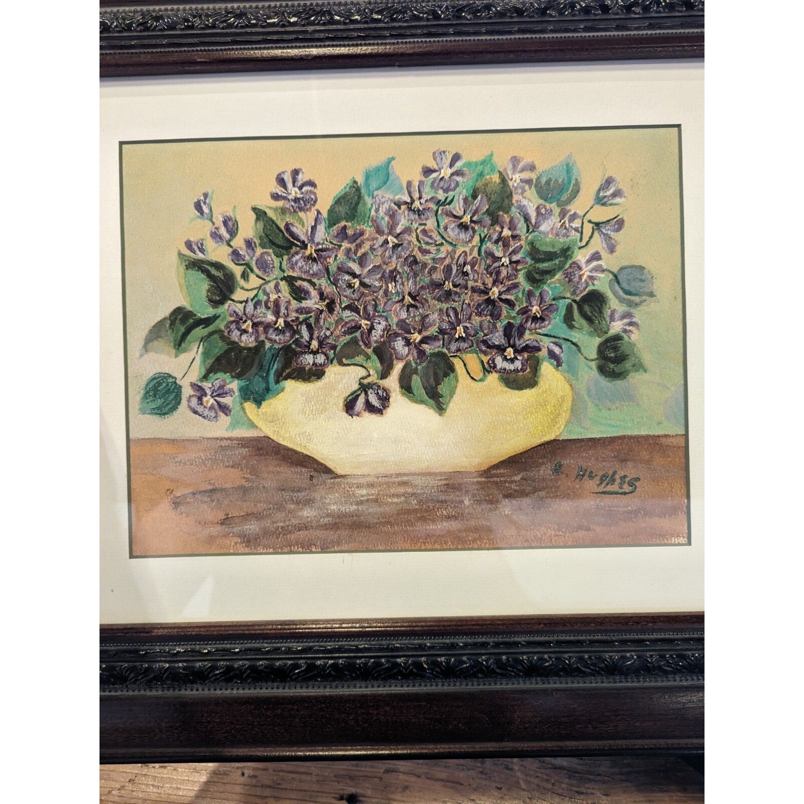Framed Still Life Flowers Painting by E Hughes MCM Artwork