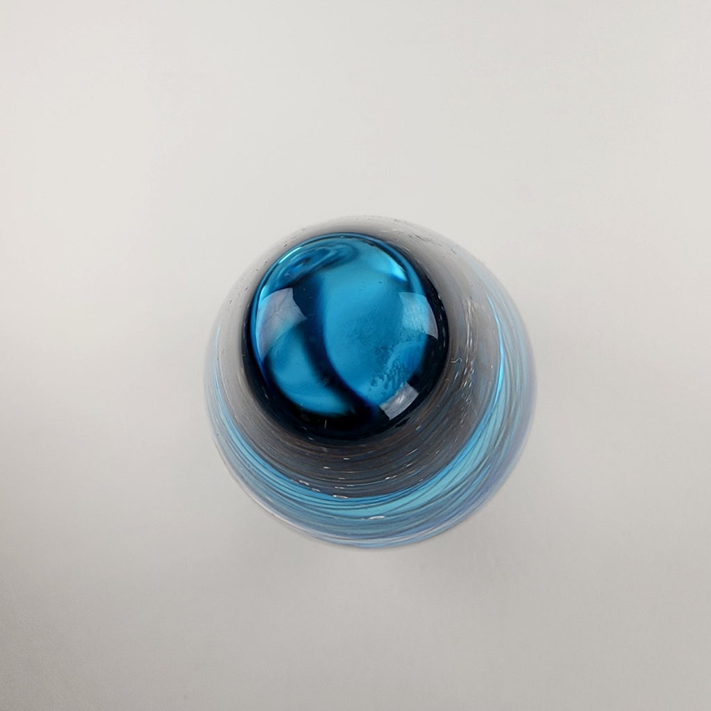 6" Hand Blown Glass Paperweight Air Trap Blue & Clear