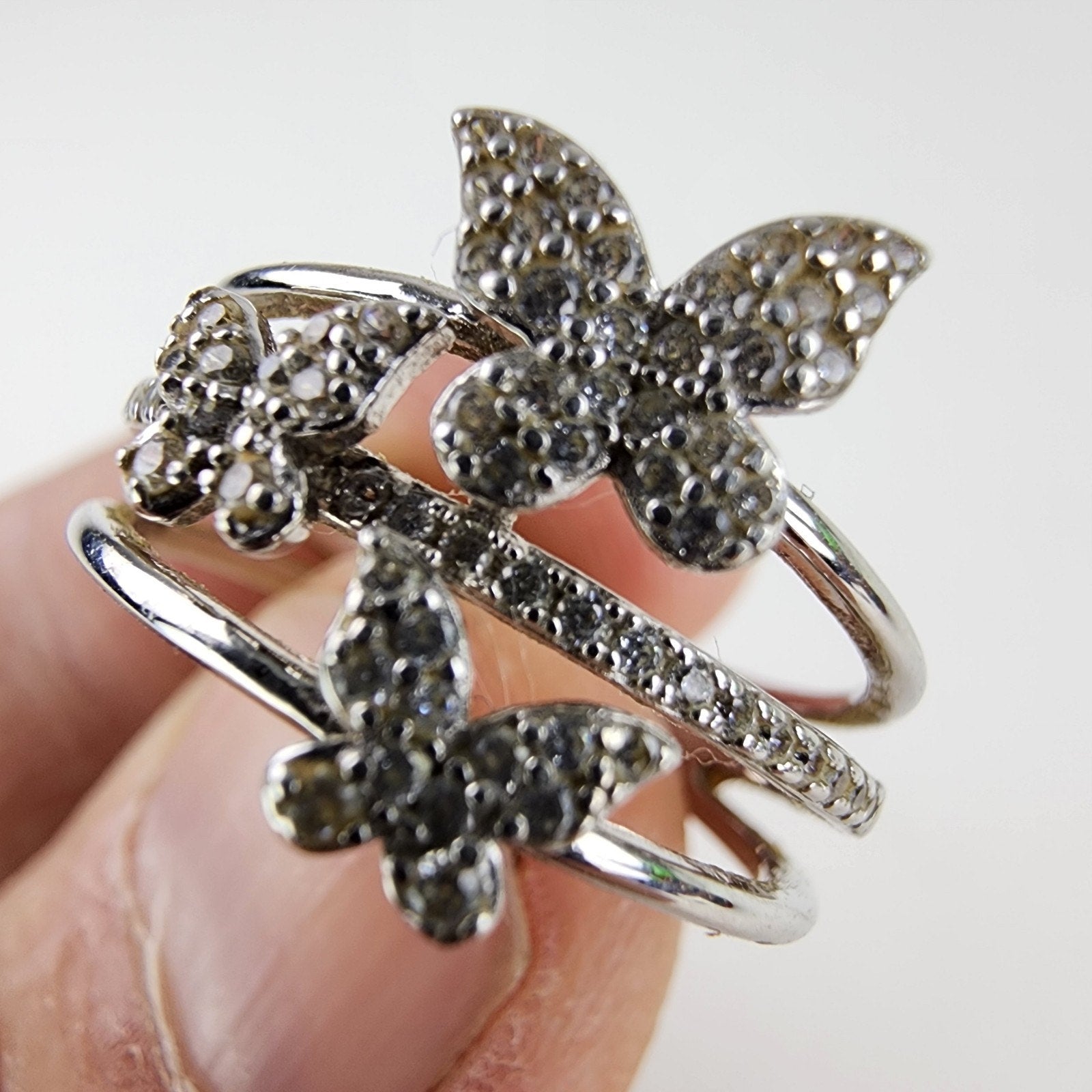 Triple Butterfly Pave Diamond Ring Size 9 Sterling Silver 925 Vintage
