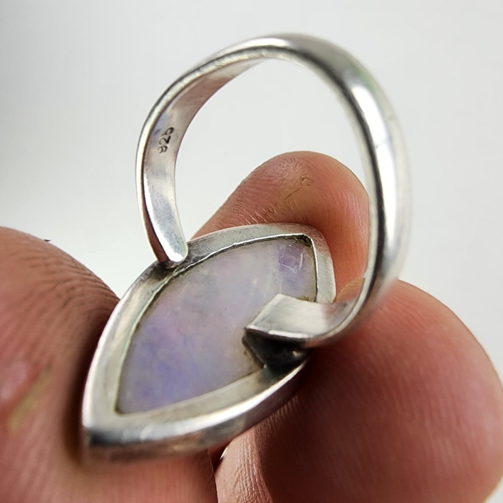 Rainbow Moonstone Marquise Cabochon Ring Size 8 Adjustable Sterling Silver 925