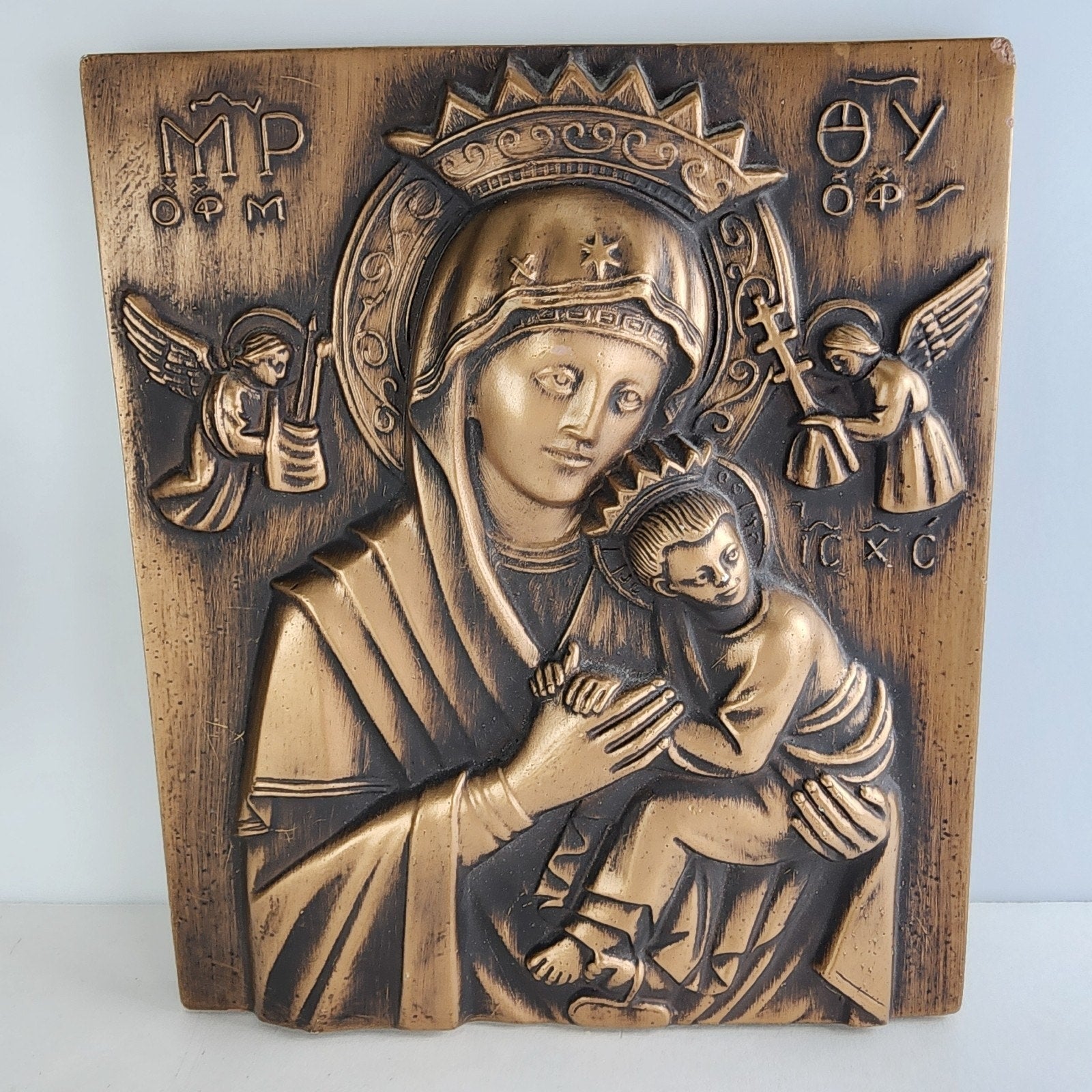 Gold Ceramic Madonna and Child Hodegetria Greek Icon 7" x 9"