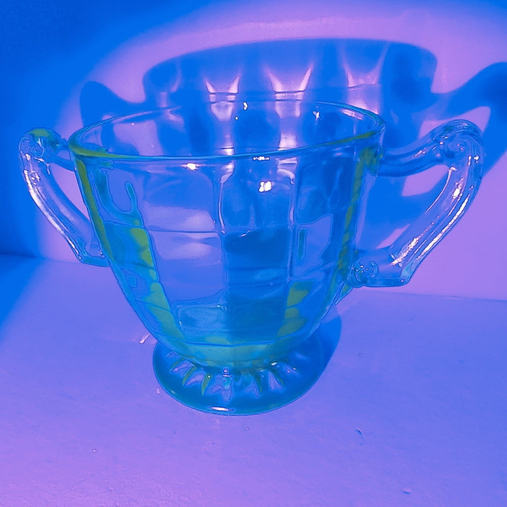 Anchor Hocking Block Optic Vaseline UV Glass Double Handled Cup Bowl Depression