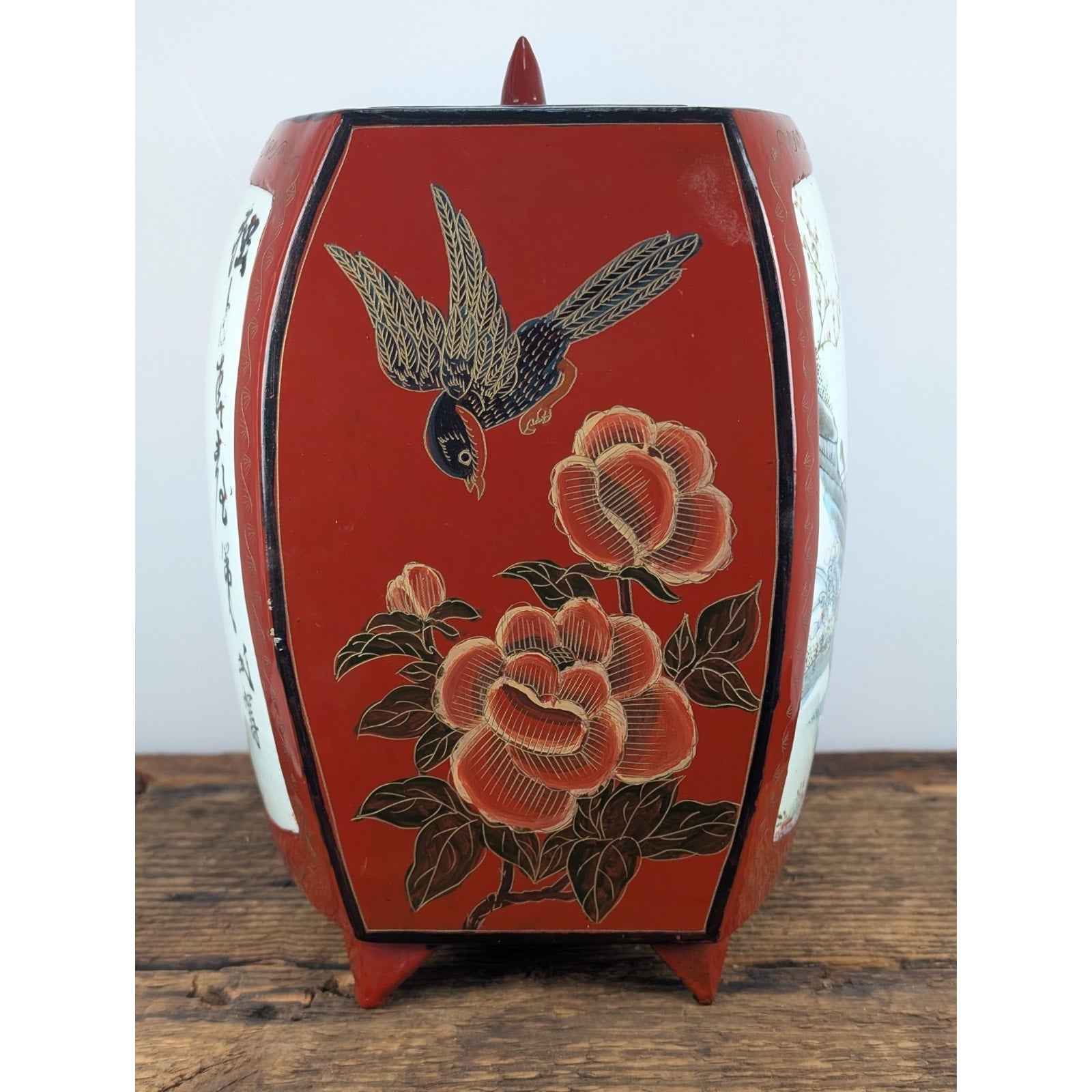 Chinese Porcelain Shard Red Lacquer Box Paper Mache