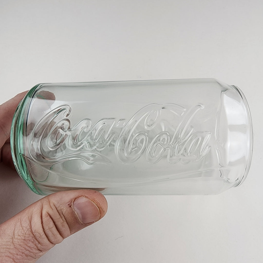 Coca Cola Can Shaped Classic Light Green Embossed Glass Tumbler 4 3/4" Tall
