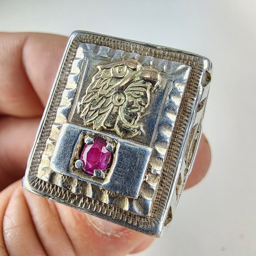 10K Gold Ruby Mayan Warrior Mexican Biker Ring Size 11 Sterling Silver 925