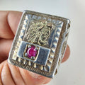 10K Gold Ruby Mayan Warrior Mexican Biker Ring Size 11 Sterling Silver 925