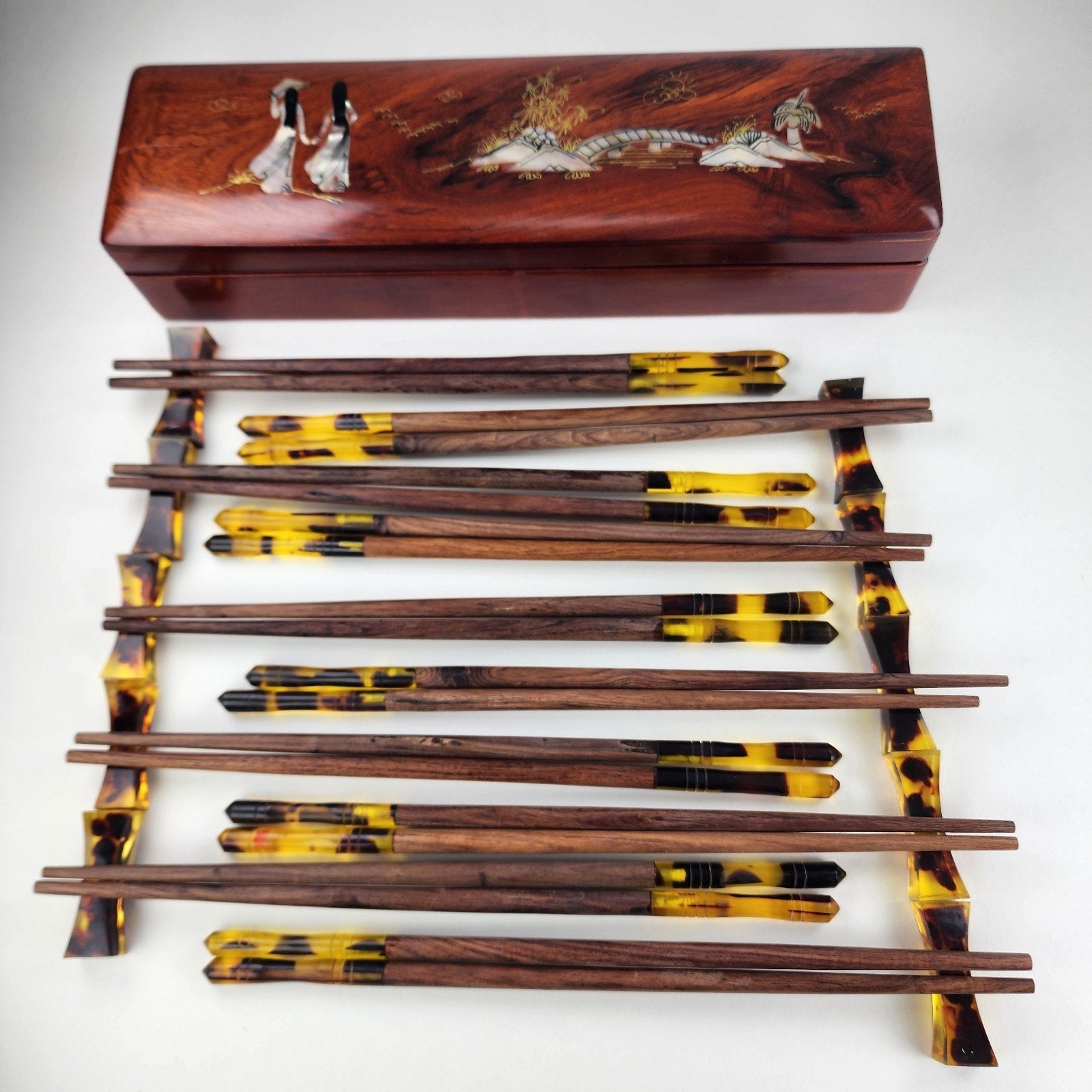 Chinese Chopstick Set of 10 in Mother of Pearl Inlay Lacquer Box with Rests