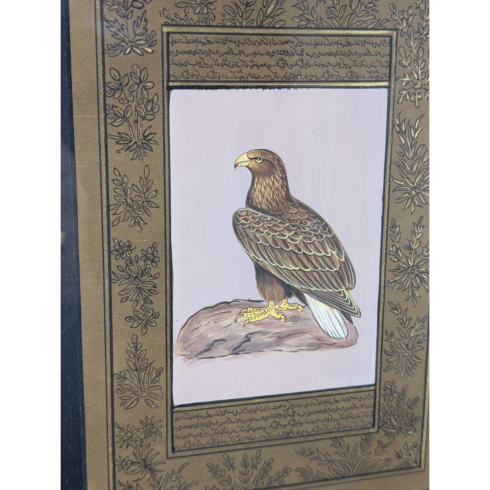 Falcon Miniature Painting on Indian Manuscript Page Framed Hawk