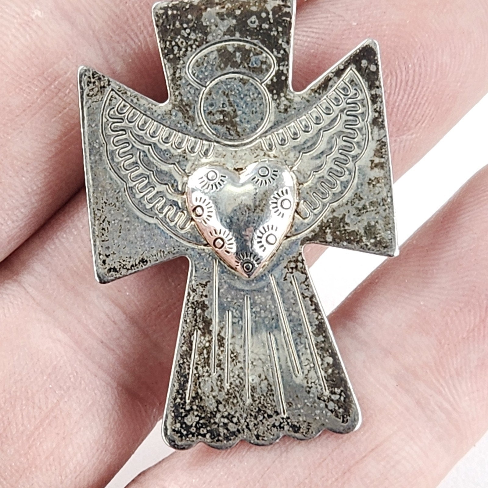Angel Cross Pendant Brooch Relios by Carolyn Pollack Sterling Silver 925 Vintage