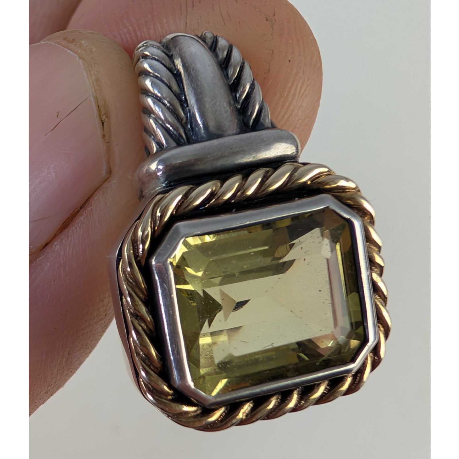 14K Yellow Gold Lemon Quartz Sterling Silver 925 Emerald Cut Vintage 5ct Pendant