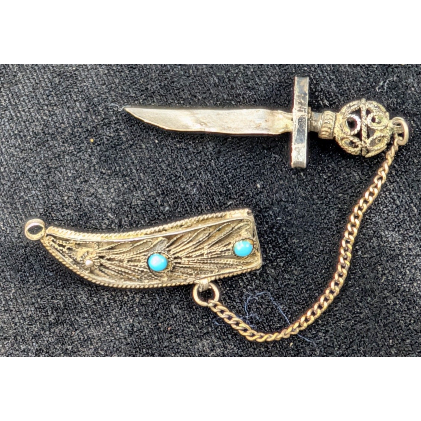 Vintage Filigree Turquoise Dagger Pendant or Brooch Sterling Silver 935 Isreal