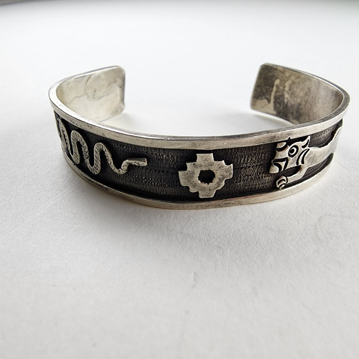 6 1/2" Peru Cuff Bracelet Pre Columbian Symbols Snake Jaguar Sterling Silver 950