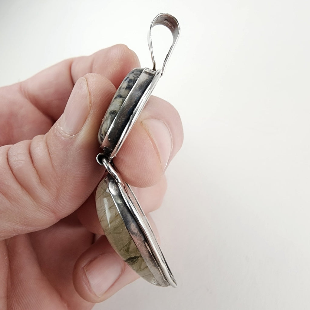 Rutilated Quartz & Rhodochrosite Sterling Silver 925 Vintage Articulated Pendant