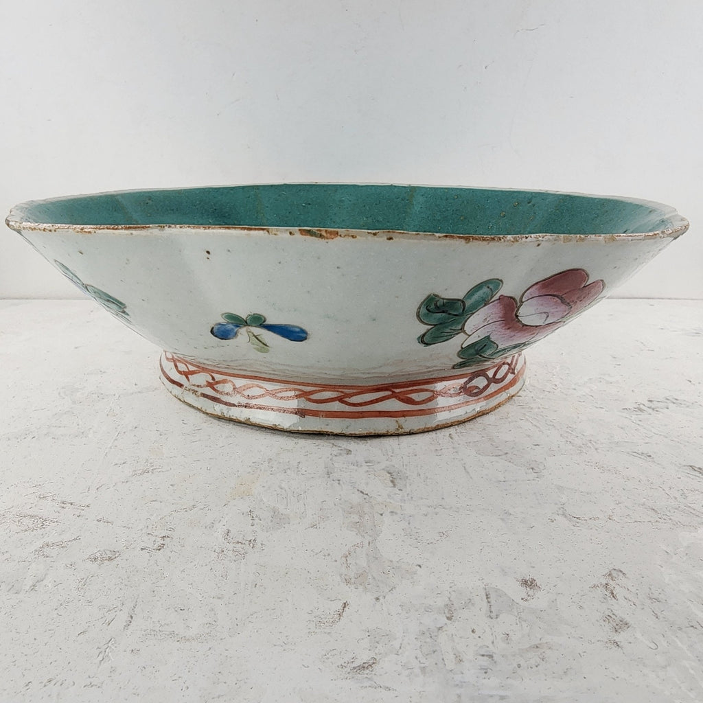 19th C Chinese Famille Rose Scalloped Turquoise 8" Porcelain Bowl Qing Dynasty