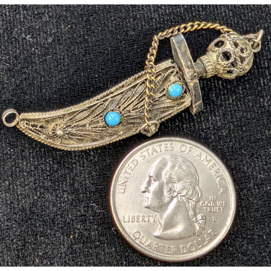 Vintage Filigree Turquoise Dagger Pendant or Brooch Sterling Silver 935 Isreal