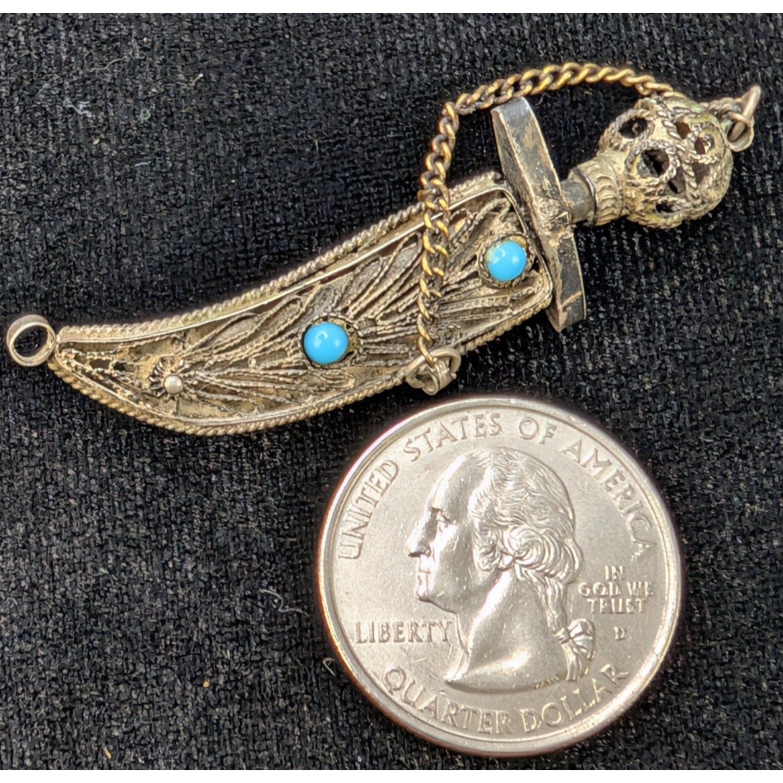 Vintage Filigree Turquoise Dagger Pendant or Brooch Sterling Silver 935 Isreal