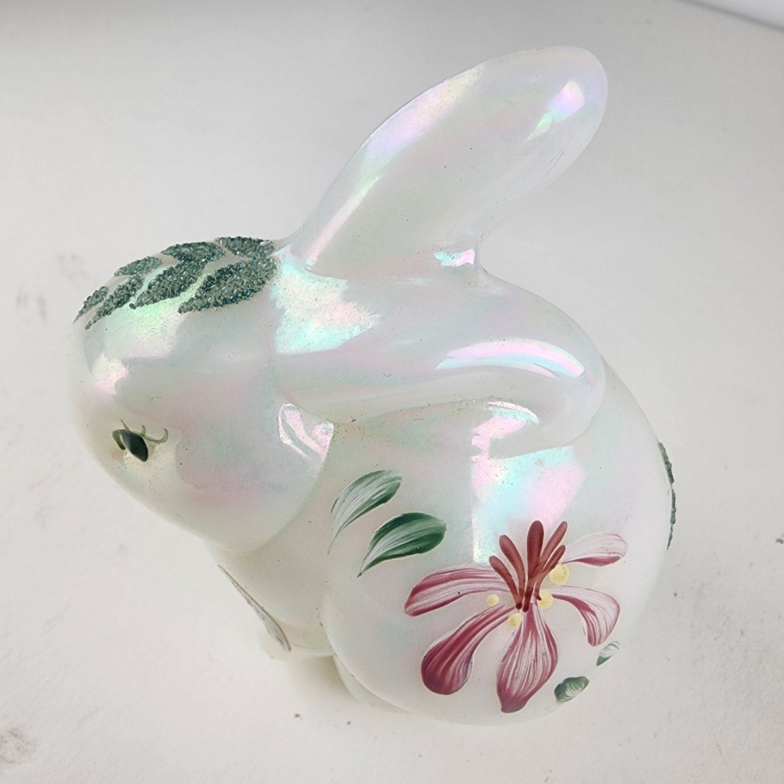 Iridescent Hand Painted Fenton Bunny Rabbit Signed Floral Decorated Art Glass