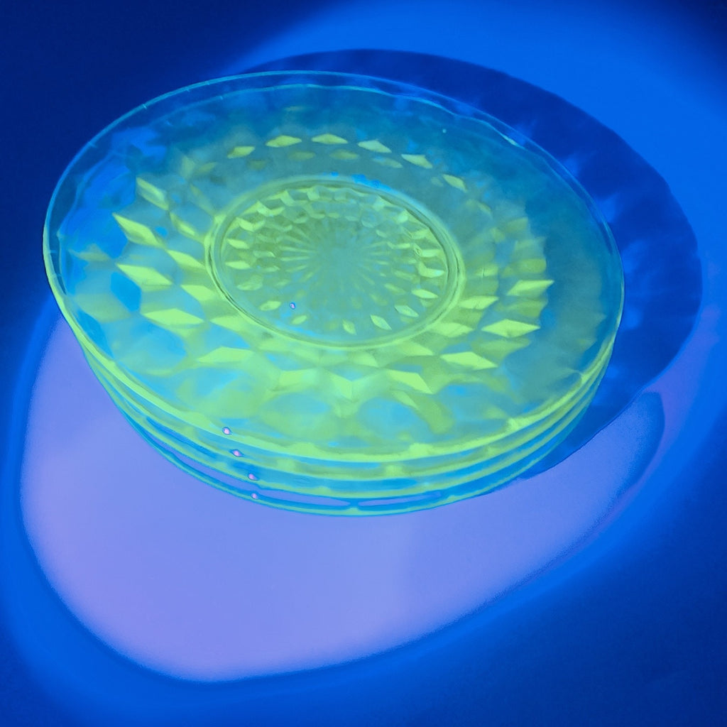 6" Block Optic UV Uranium Glow Plate Set of 4 Vintage Depression Glass