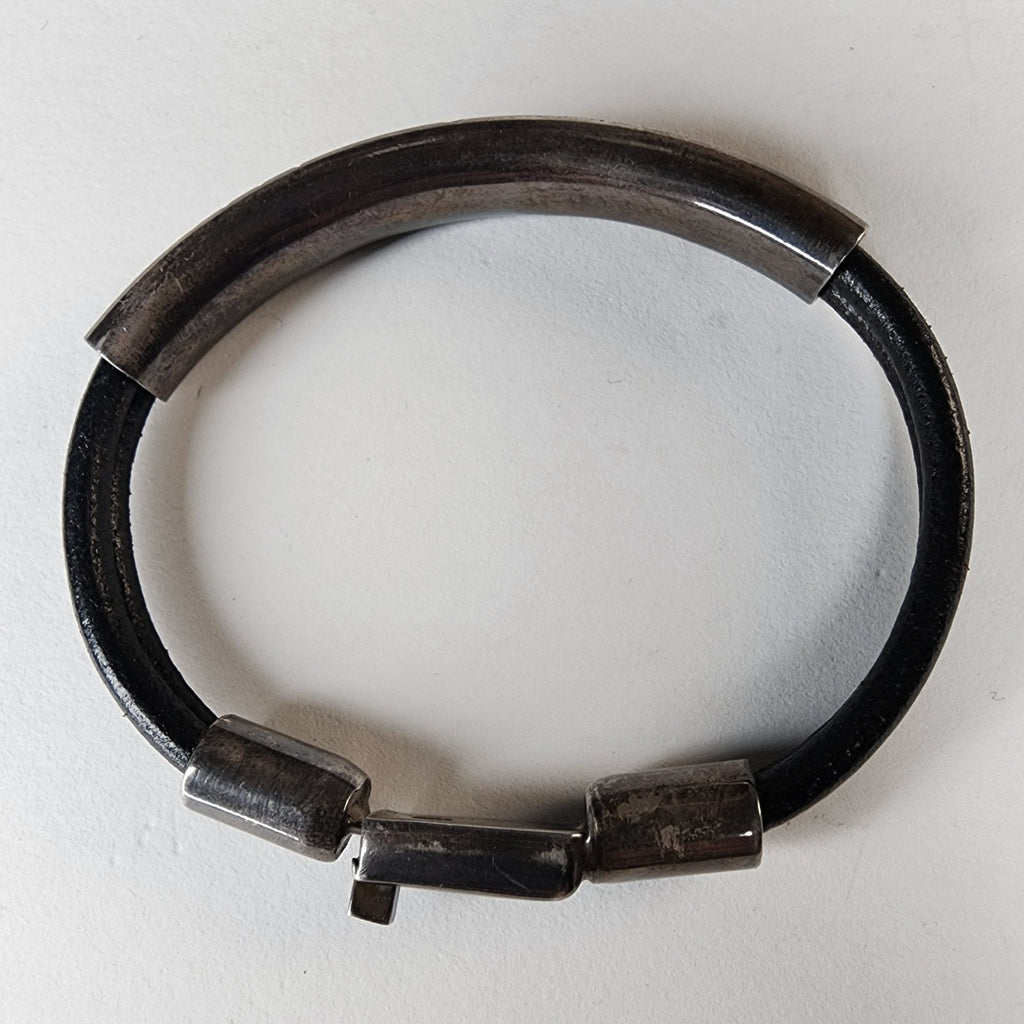 Sterling Silver 925 & Leather Taxco Mexico Cable Bracelet 7 1/4" Vintage