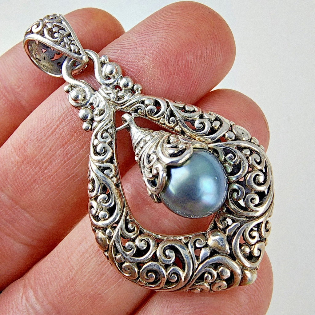 Sarda Black Pearl Dangle Designer Pendant Sterling Silver 925 Vintage Bali