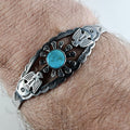 Fred Harvey Era Turquoise Stamped Thunderbird Bracelet in Sterling Silver 925