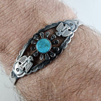 Fred Harvey Era Turquoise Stamped Thunderbird Bracelet in Sterling Silver 925
