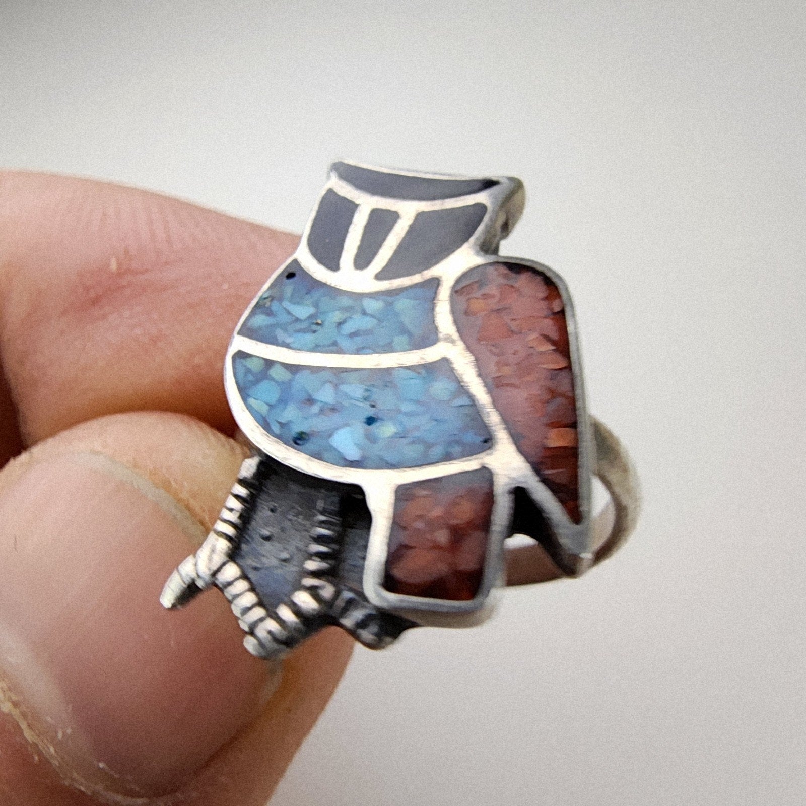 Zuni Owl Turquoise & Coral Inlay Ring Size 7 Sterling Silver 925 Vintage