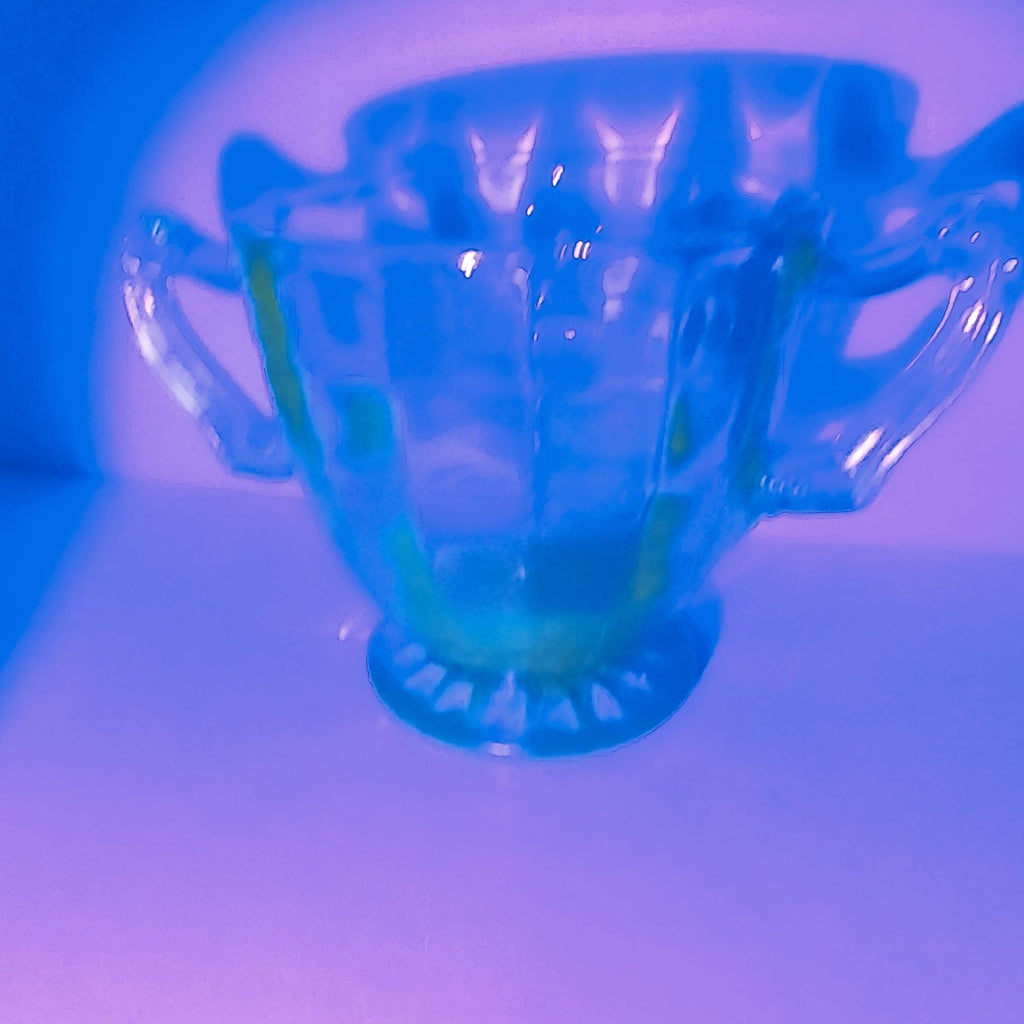 Anchor Hocking Block Optic Vaseline UV Glass Double Handled Cup Bowl Depression