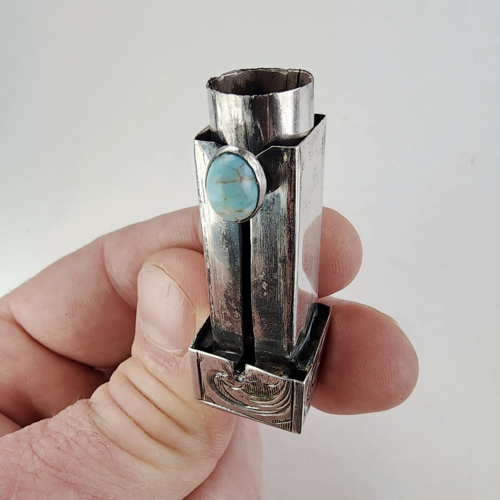 Etched Turquoise Accentt 800 Silver Lipstick Container with Mirror Italy Antique