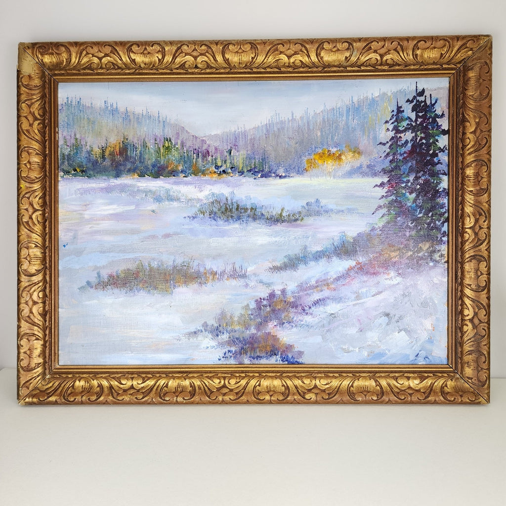 Impressionist Winter Landscape Scene Acrylic on Panel in Gilded Frame Unsigned
