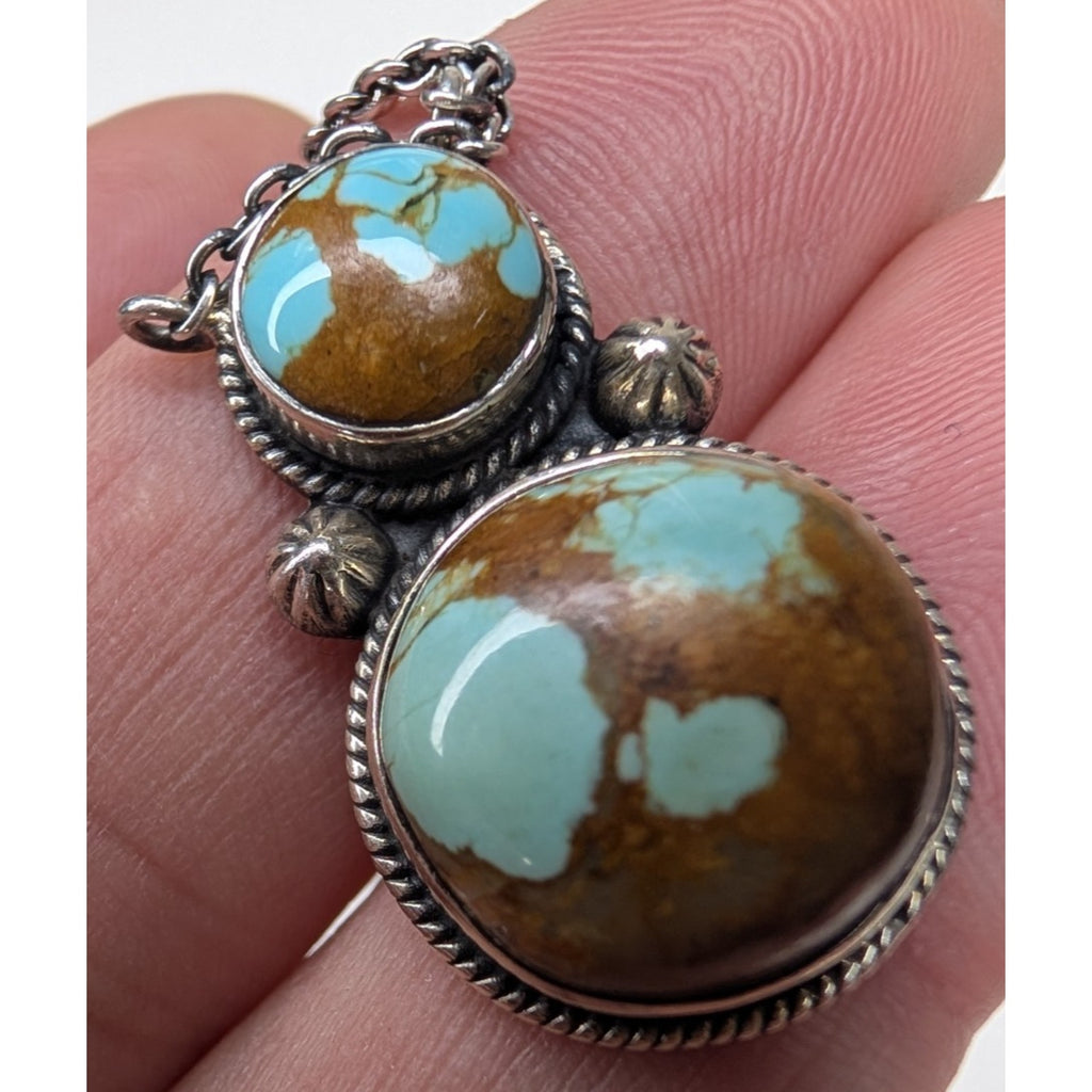 Southwestern Sterling Silver 925 Turquoise Double Stone Pendant Necklace