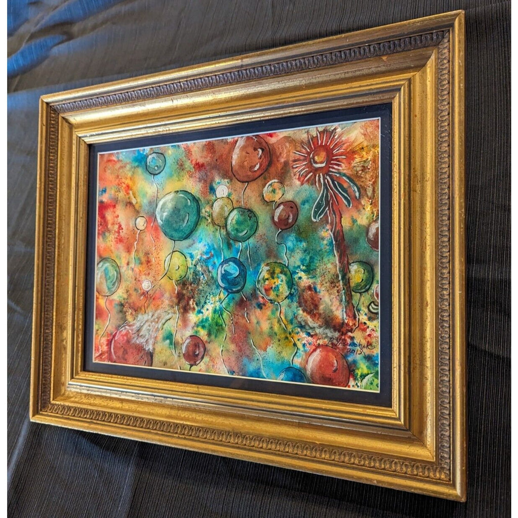Framed Watercolor & Ink Balloons Popping Painting by Robert Yasenchak 2019