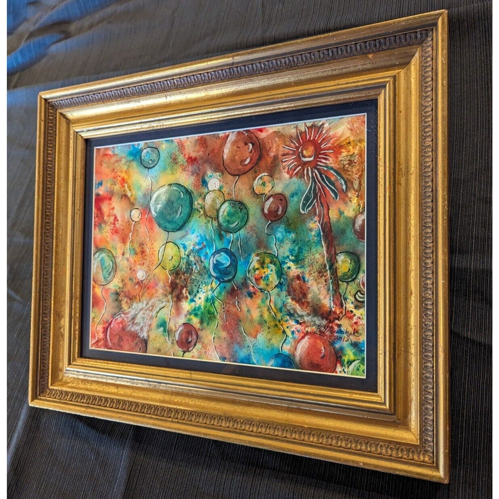Framed Watercolor & Ink Balloons Popping Painting by Robert Yasenchak 2019