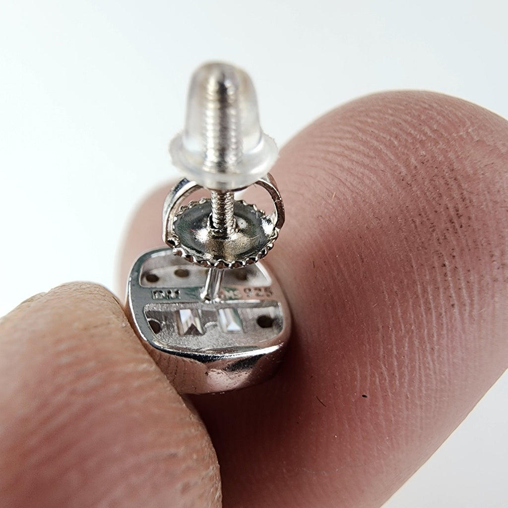 Moissanite Halo Sterling Silver 925 Stud Screwback Earrings Baguette & Round Cut