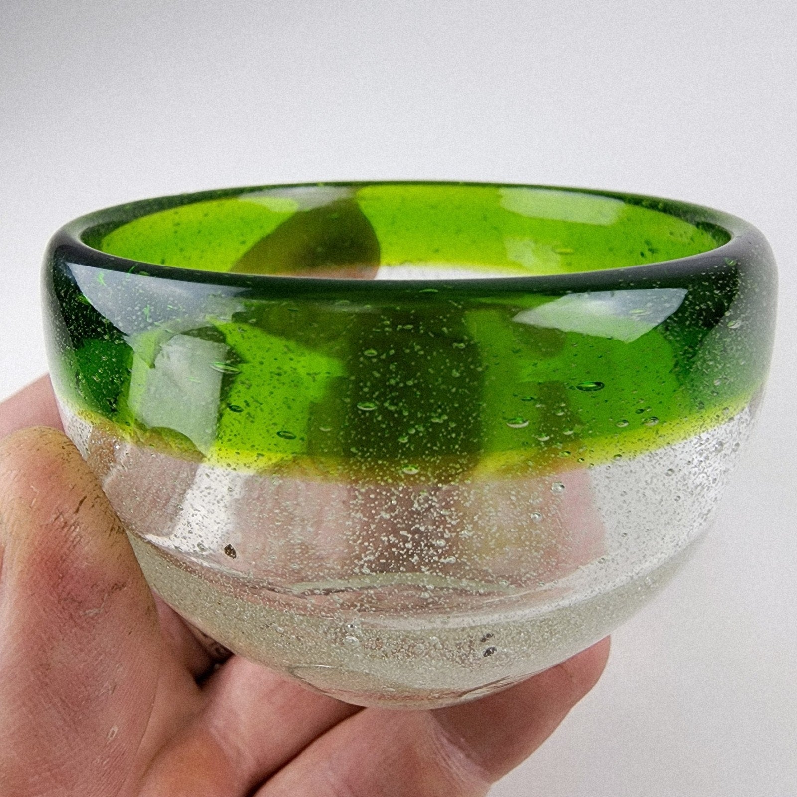 Hand Blown Bubble Glass Serving Dish Salt Cellar Green and Clear Vintage