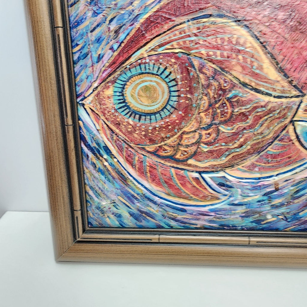 Abstract Fish Acrylic Painting on Panel Signed Cori & Framed