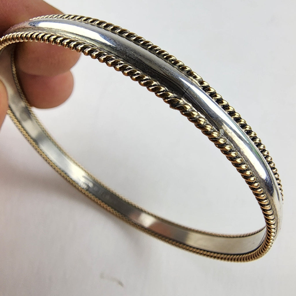 12K Yellow Gold & Sterling Silver 925 Bangle Bracelet by Native Navajo Tahe 2.5"