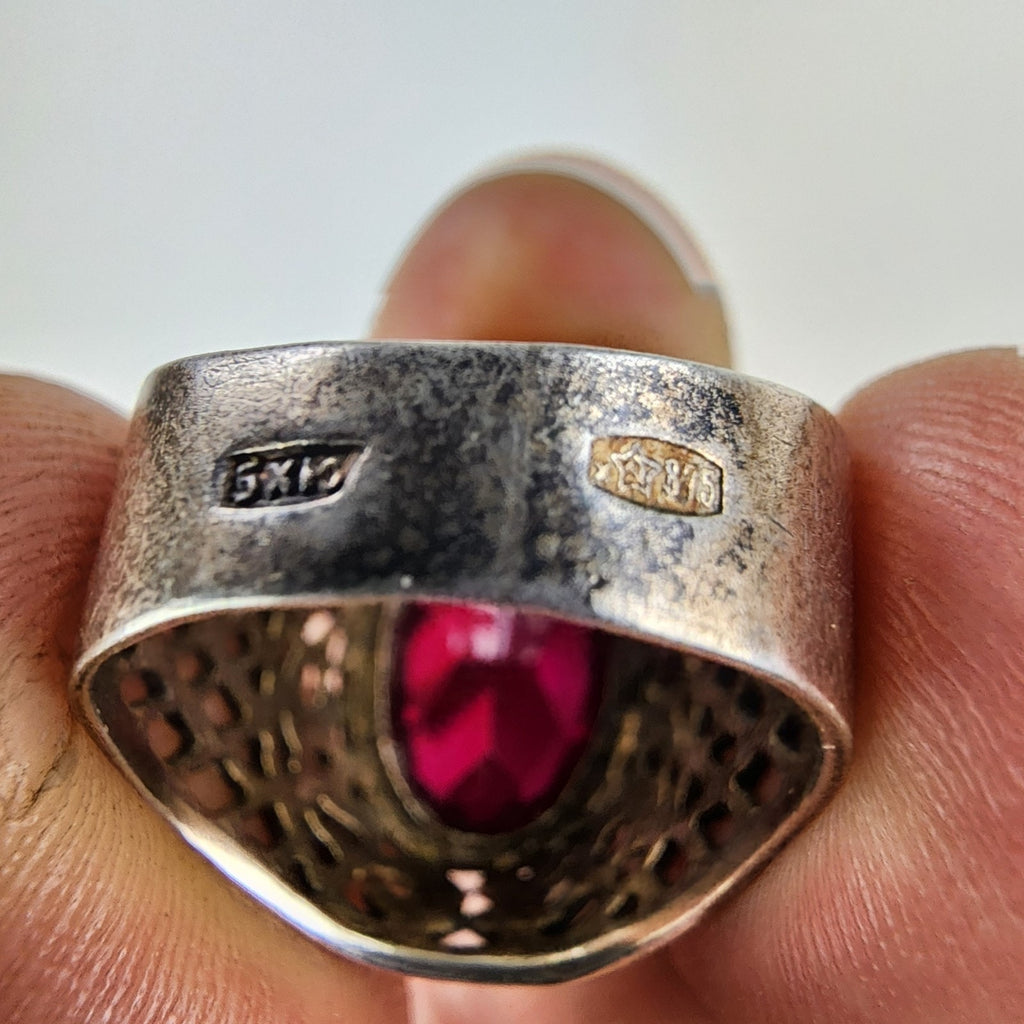 5ct Ruby Russian Mens Ring Size 7 1/2 Sterling Silver 875 Vintage Basketweave