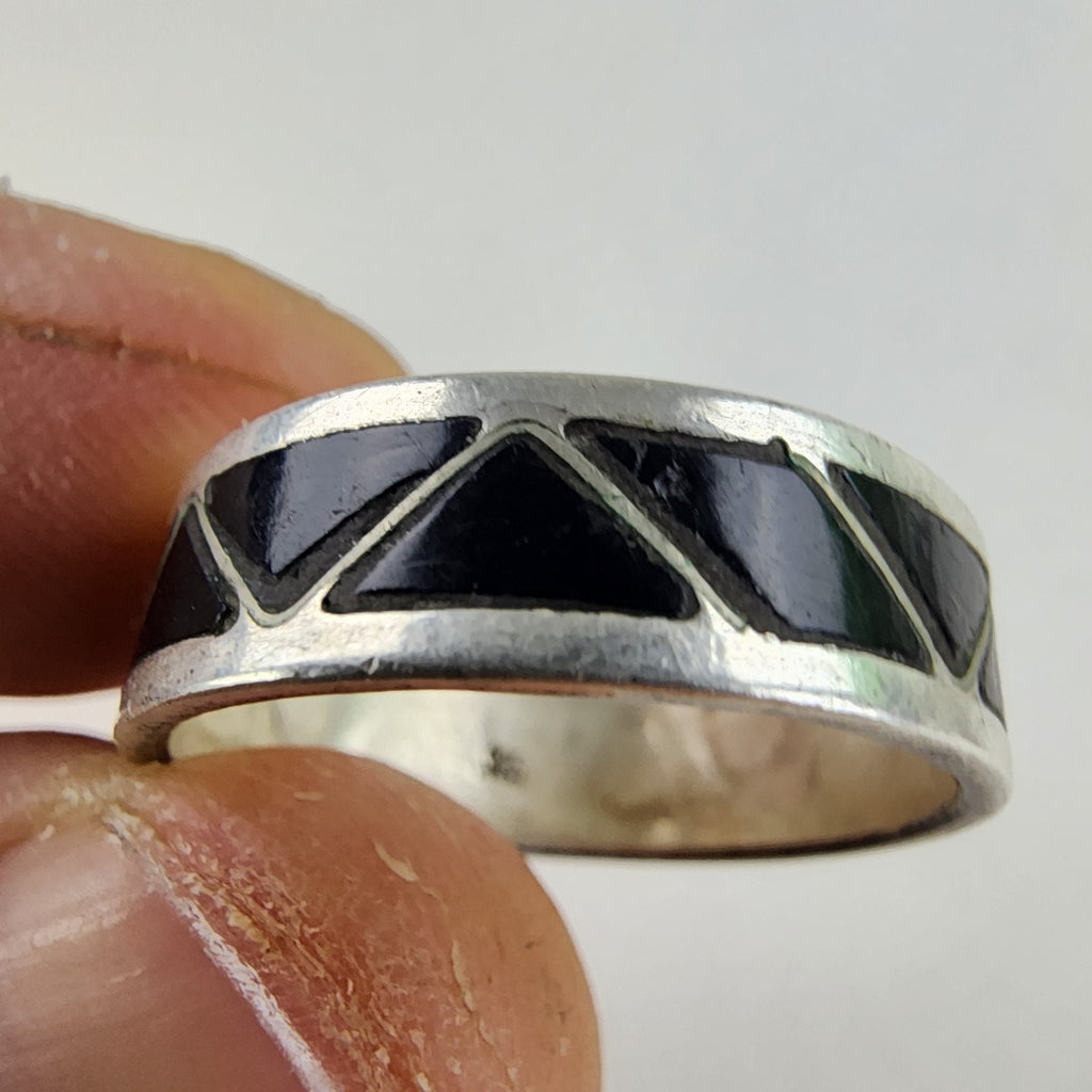 Black Onyx Inlay Band Ring Size 10 1/2 Sterling Silver 925 Vintage